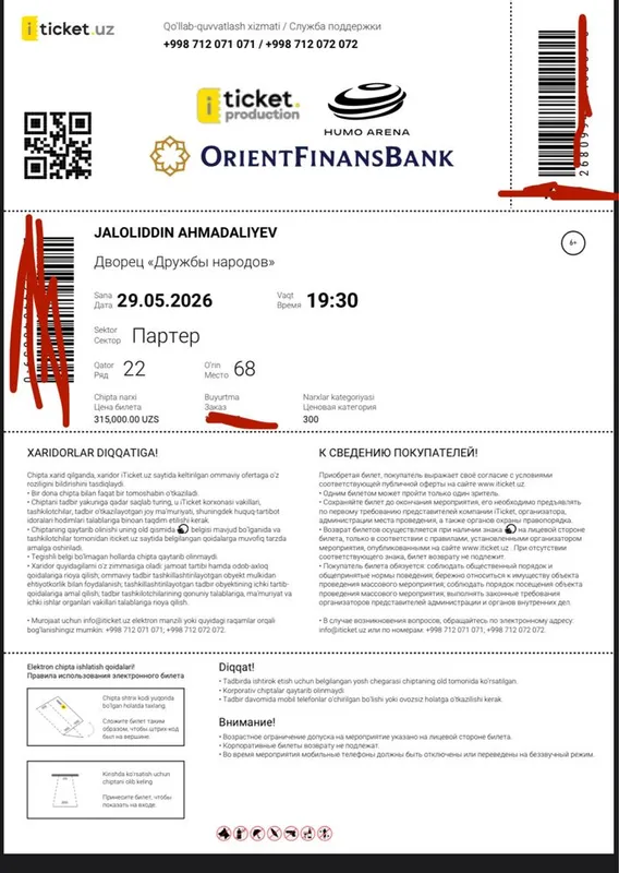 Jaloliddin Ahmadaliyev konserti uchun 3 ta bilet 29.05 ga