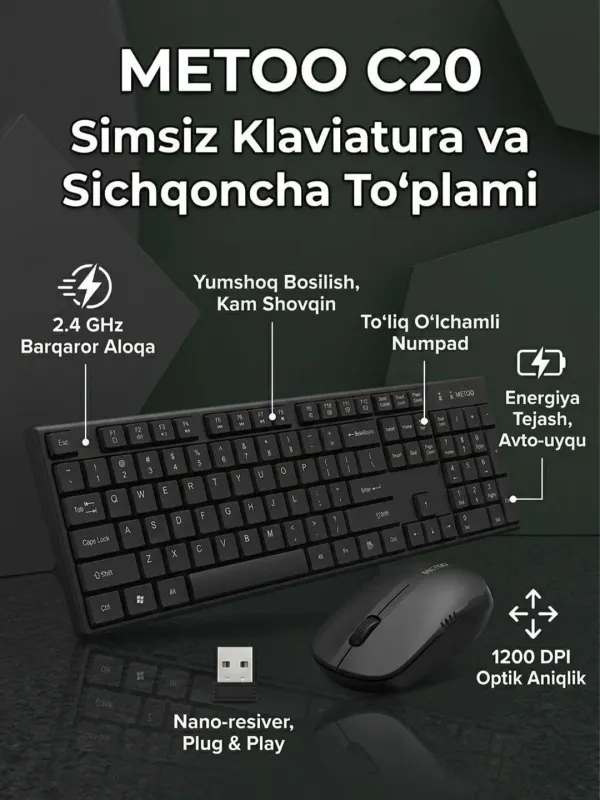 Клавиатура и мышь  Metoo C20 Wireless Black/ White — фото 2