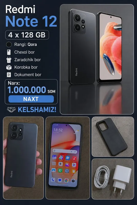 Redmi Note 12 4/128 GB, qora, to‘liq komplekt 1 Redmi Note 12 4/128 GB, qora, to‘liq komplekt 1