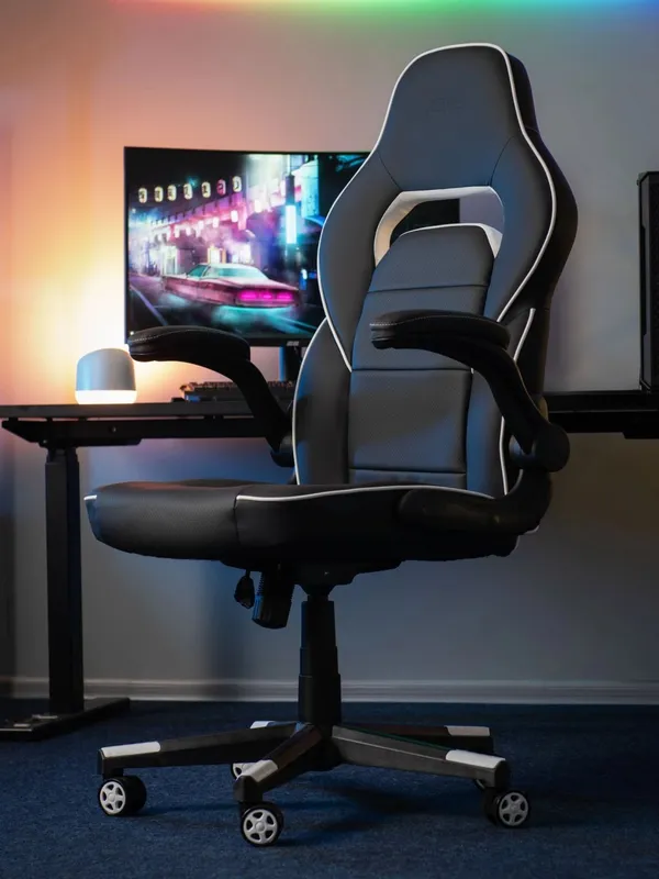 Игровое кресло 2E Gaming HEBI, экокожа, до 100кг, черно-белый