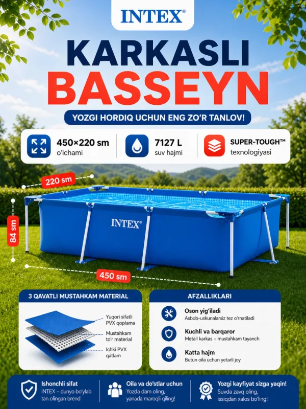 Каркасный бассейн INTEX 450x220x84 см, 7128 л Каркасный бассейн INTEX 450x220x84 см, 7128 л