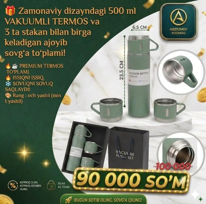 500 ml TERMOS, 3 stakan, och yashil (mint yashil)