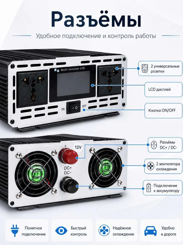 Инвертор автомобильный 12V – 220V. 6500W пиковая / 3200W номинальная — фото 1