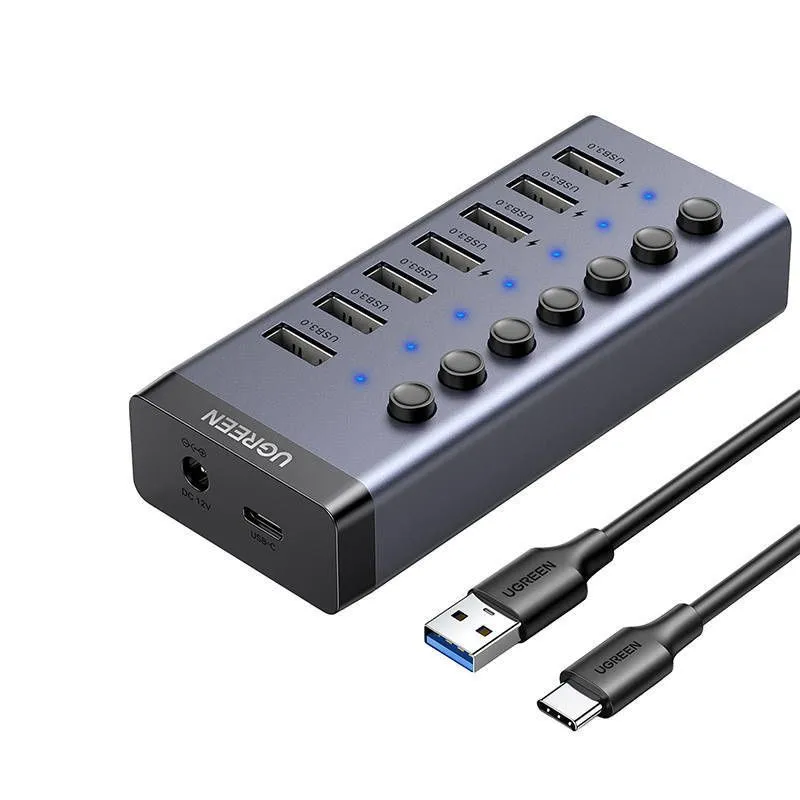 Hub UGREEN 7in1 USB-C, 7x USB-A 3.0 12V 2A (black) — фото 1