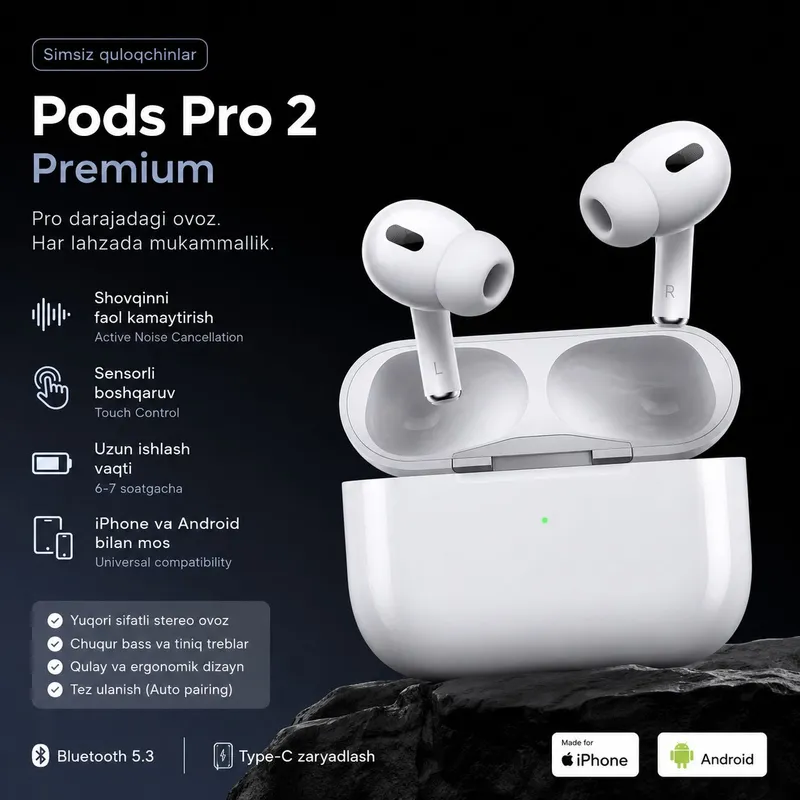 Simsiz quloqchinlar Pods Pro 2 Premium, sensorli, Simsiz quloqchinlar Pods Pro 2 Premium, sensorli,