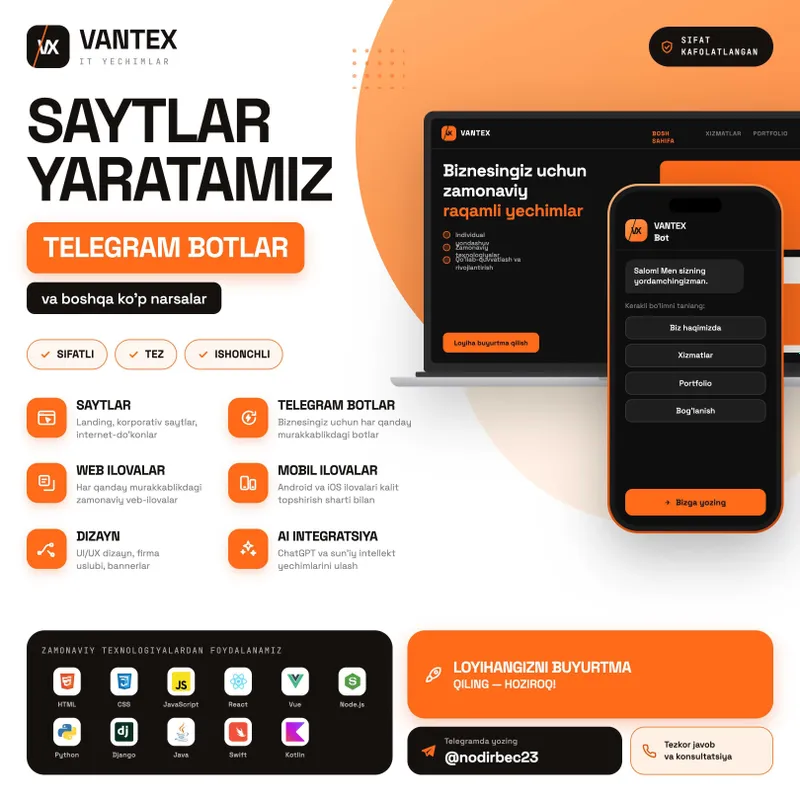 Veb sayt, Telegram bot, Mobil ilova, Веб сайт, Телеграм бот приложение Veb sayt, Telegram bot, Mobil ilova, Веб сайт, Телеграм бот приложение