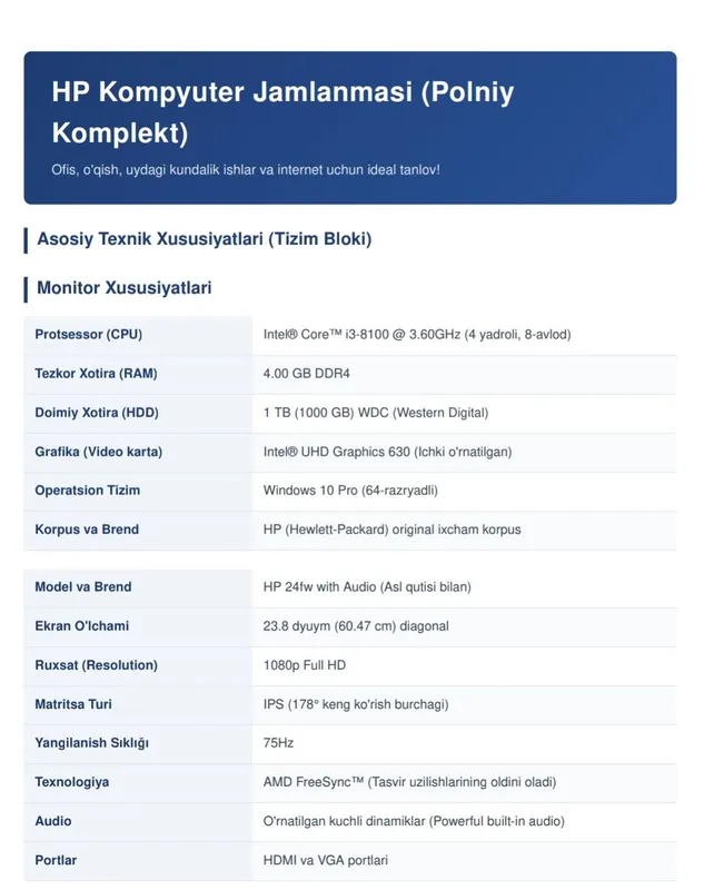 HP kompyuter jamlanmasi i3 / 4GB / 1TB / Monitor24 — фото 5