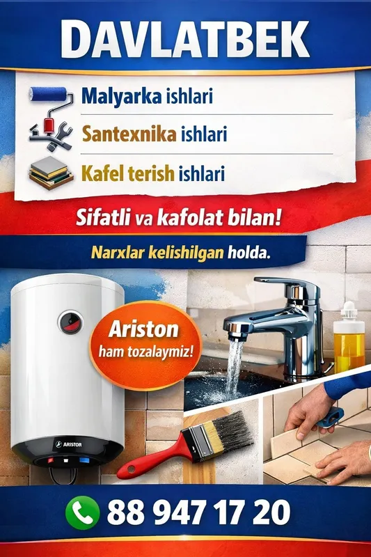 Santexnika . Kafel terish. Sokl terish . Malyarka ishlari. Svarka ishl