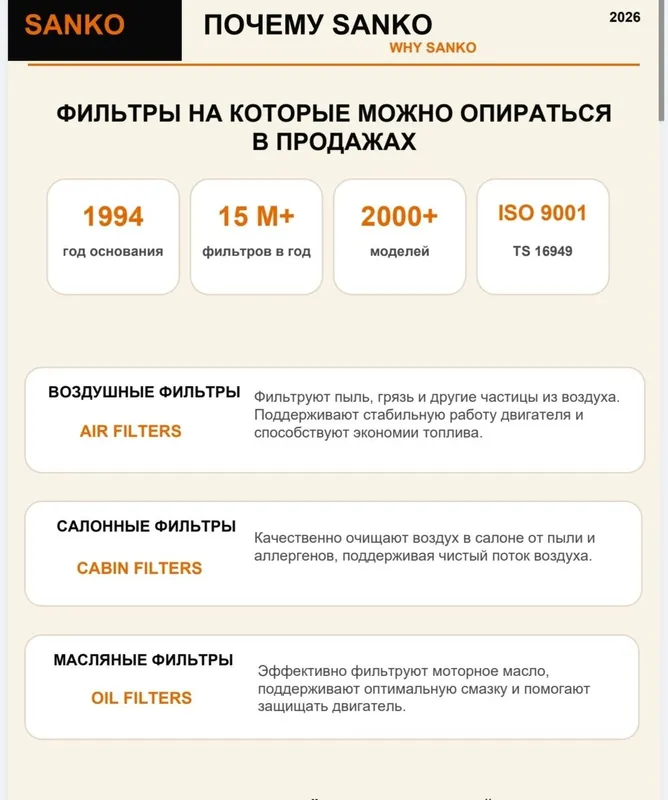 Фильтры SANKO масляный, воздушный, салон. 2