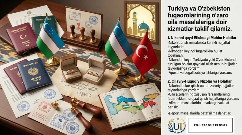 Turkiya va O'zbekiston fuqarolari uchun oila masalalariga xizmatlar.