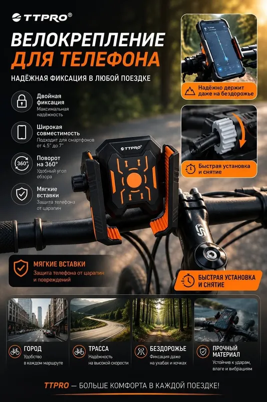 КРЕПЛЕНИЕ ДЛЯ ТЕЛЕФОНА НА ВЕЛОСИПЕД TTPRO КРЕПЛЕНИЕ ДЛЯ ТЕЛЕФОНА НА ВЕЛОСИПЕД TTPRO