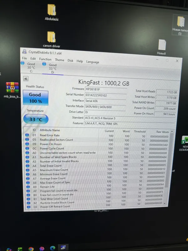 (ПОЧТИ НОВЫЙ) Емкость 100%, SSD sata 1tb, Kingfast — фото 2