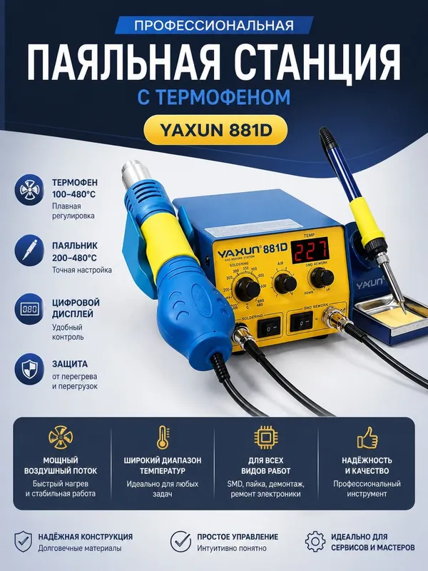 Паяльная станция YAXUN 881D 2 в 1 SMD 220 В/110 В BGA — фото 1