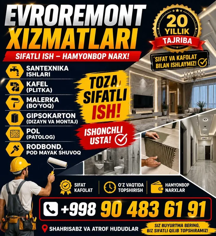 Kafel va santexnika malyarka usta xizmati
