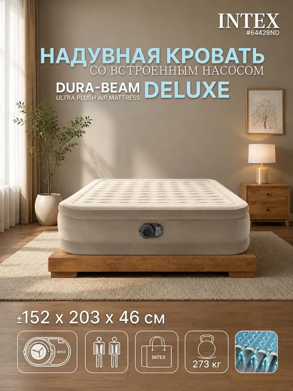 Надувная кровать INTEX Dura-Beam Deluxe встроенным насосом 152×203×46 — фото 1