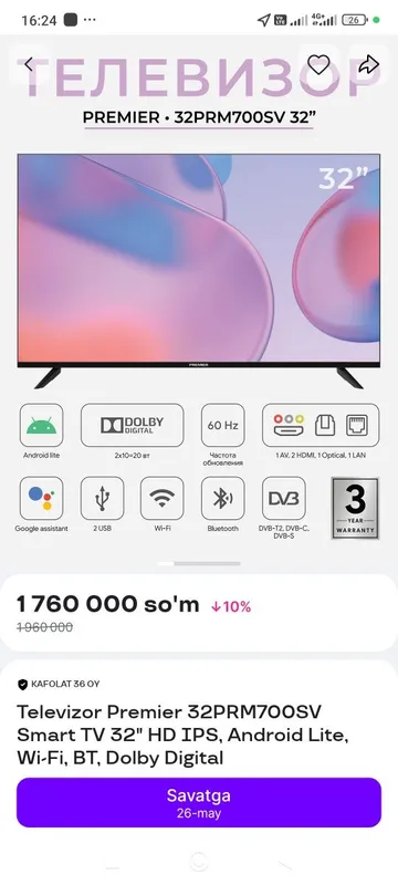 Televizor sotiladi yangi ochilmagan Televizor sotiladi yangi ochilmagan