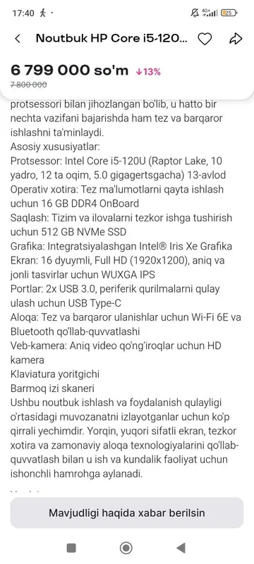 Noutbuk sotiladi HP yangı holatdagi 7 Noutbuk sotiladi HP yangı holatdagi 7