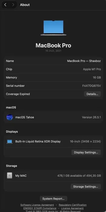 Macbook Pro M1 PRO, 16/512 GB, 16-dyum, silver