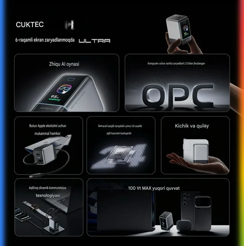 Cuktech 6 GaN Charger Ultra 100W Smart ekranli premium zaryadka — фото 2