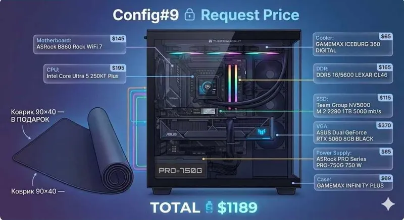 Intel Core Ultra 5 250KF Plus kompyuter yig‘ing Intel Core Ultra 5 250KF Plus kompyuter yig‘ing