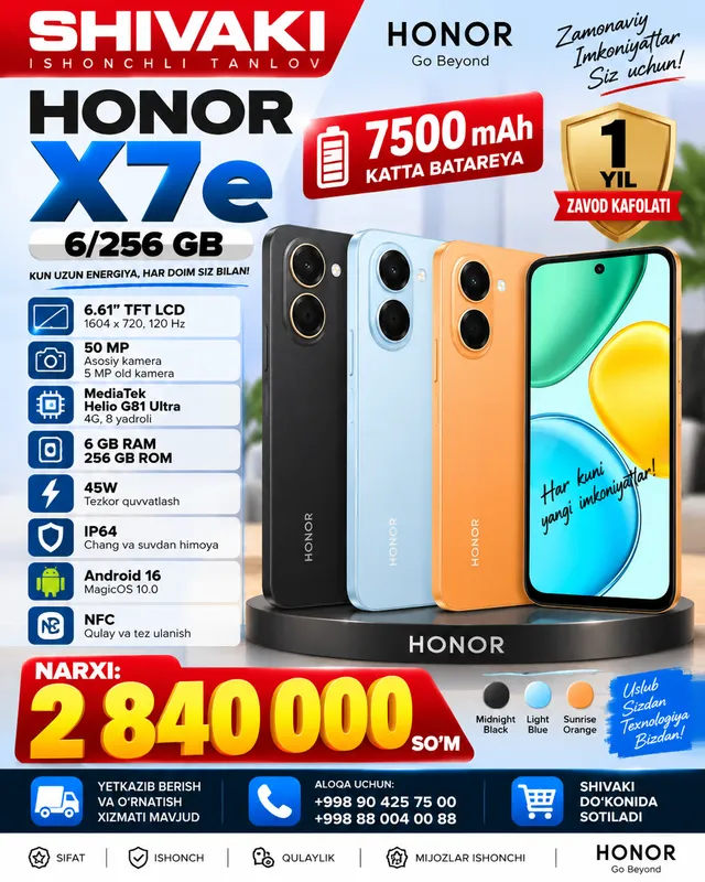 HONOR X7e 6/256GB smartfon 7500mAh 50MP yangi HONOR X7e 6/256GB smartfon 7500mAh 50MP yangi
