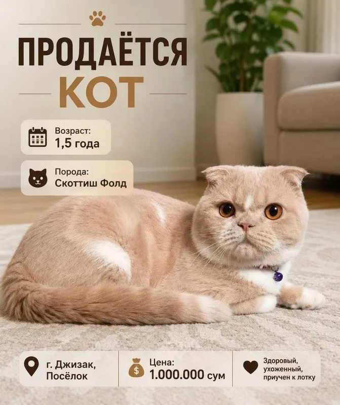 Продаётся кот, порода Соттиш Фолд, город Джизак