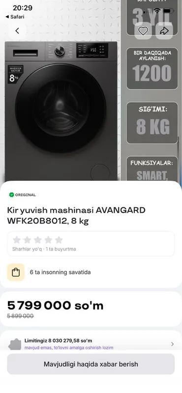 Avangard kir yuvish mashinasi 8 kg avtomat