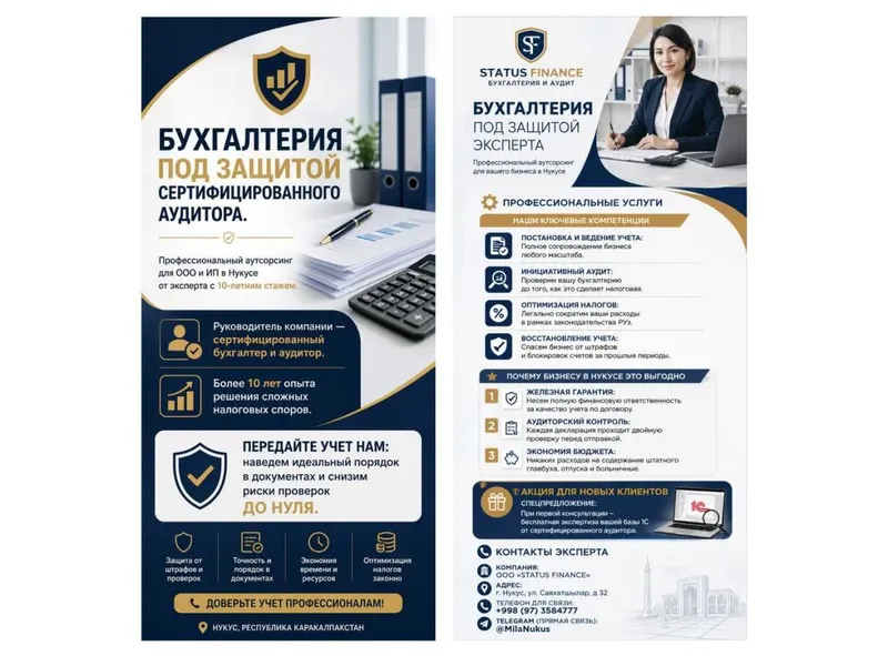 Бухгалтерские услуги в Нукусе от сертифицированного аудитора. 1 Бухгалтерские услуги в Нукусе от сертифицированного аудитора. 1
