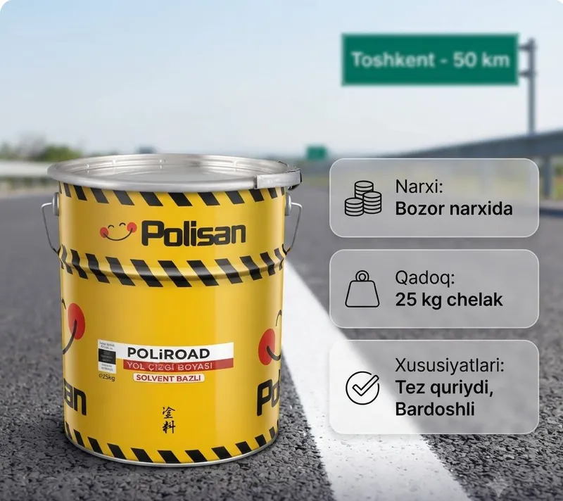 Yo‘l chizish uchun mat bo‘yoq Poliroad oq va sariq 1 Yo‘l chizish uchun mat bo‘yoq Poliroad oq va sariq 1