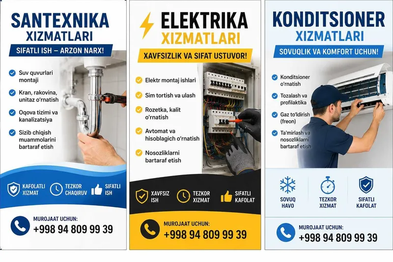 Santexnika | Elektrika | Konditsioner o‘rnatish va ta’mirlash Santexnika | Elektrika | Konditsioner o‘rnatish va ta’mirlash