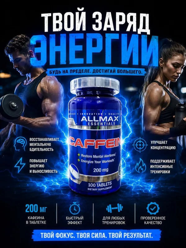 Кофеин ALLMAX, Caffeine 200 мг 100 таблеток 1 Кофеин ALLMAX, Caffeine 200 мг 100 таблеток 1