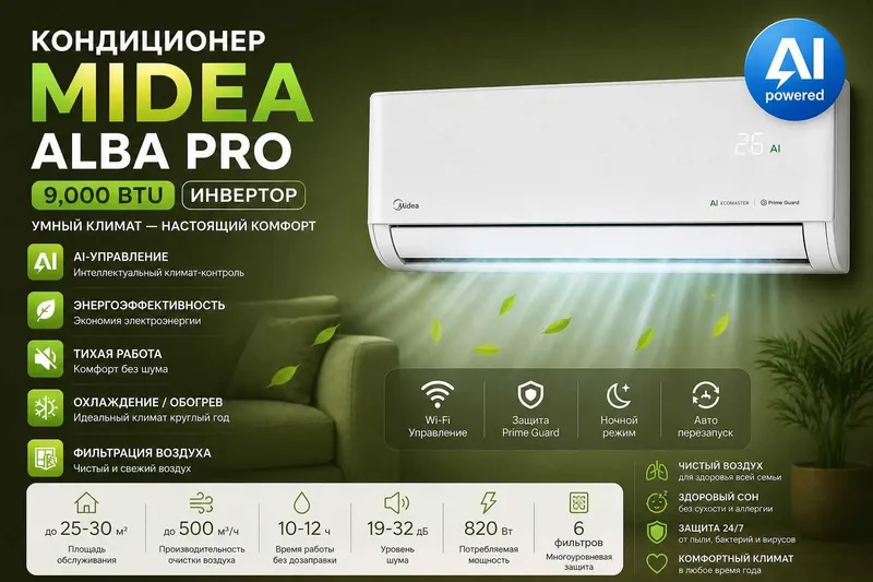 Кондиционер MIDEA модель ALBA Pro - 9,000 Btu / Inverter / Новинка !