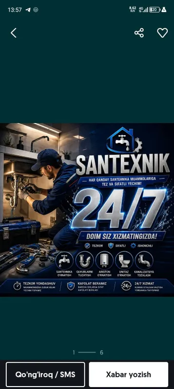 Santexnik xizmati 24/7 Toshkent shaxar bòylab xizmat ko'rsatamiz Katyo