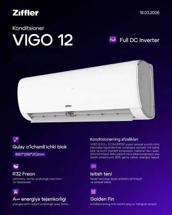 Кондиционер ZIFFLER Invertor PTC TEN Golden Fin+optom va donaga Кондиционер ZIFFLER Invertor PTC TEN Golden Fin+optom va donaga
