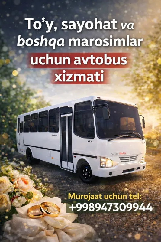 AVTOBUS XIZMATI ishlab chiqarish korxonalari bilan xamkorlik qilaman. AVTOBUS XIZMATI ishlab chiqarish korxonalari bilan xamkorlik qilaman.