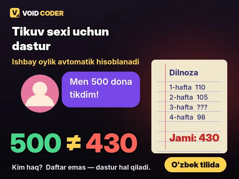Tikuv sexi uchun dastur — ishbay oylik avtomatik 1 Tikuv sexi uchun dastur — ishbay oylik avtomatik 1