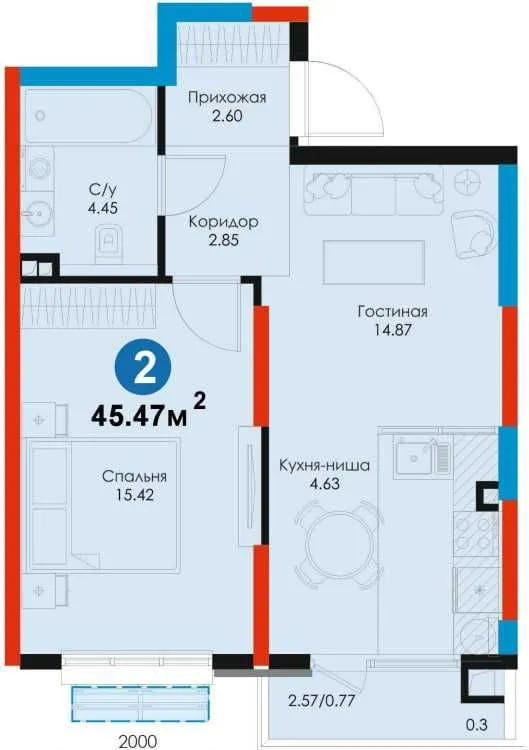 Мирзо-Улугбек | 2ком. квартира | ПВ 11 442у.е. | в месяц по 780у.е(S) 2
