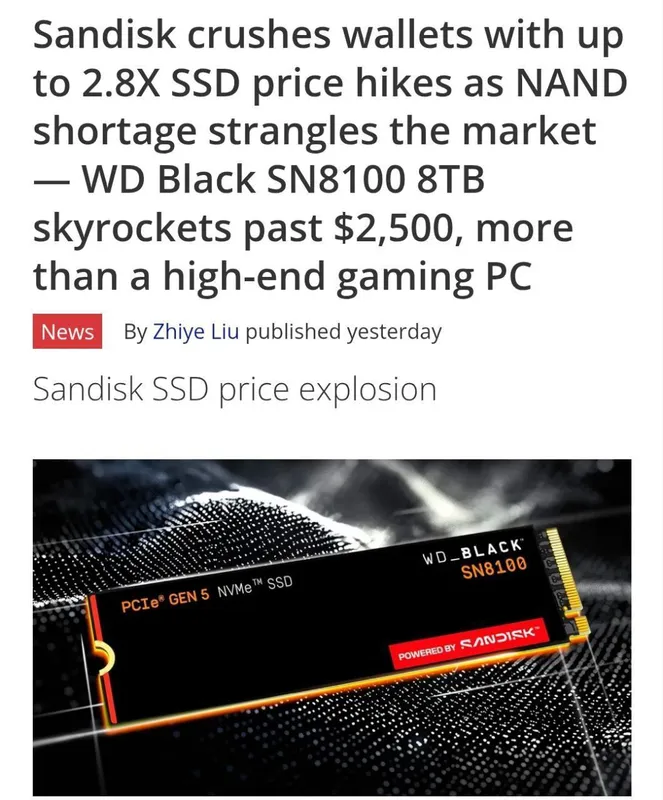 SSD narxlari keskin oshdi (SanDisk/WD Black SN8100)