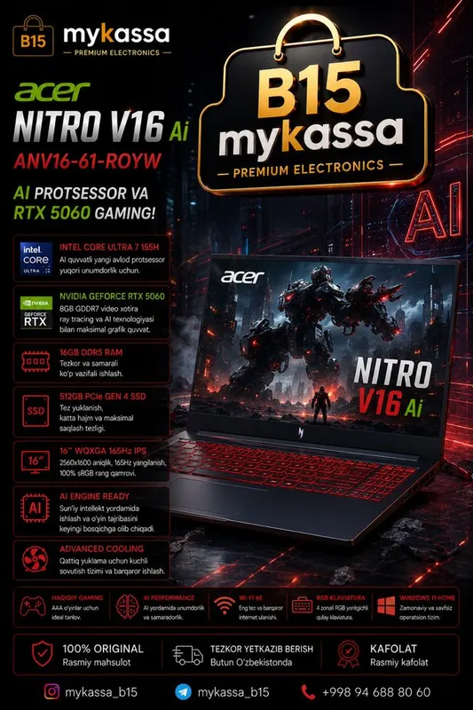 Acer Nitro V16 Ai ANV16-61-ROYW — AI protsessor va RTX 5060 gaming