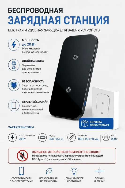 Беспроводная зарядная станция 20W Type-C Коробка есть Зарядный блок в