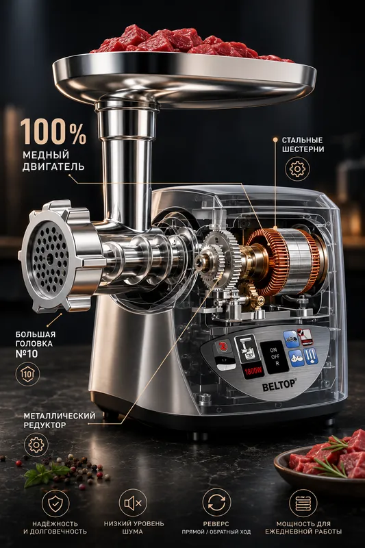 Мясорубка BELTOP Premium, 1800Вт, 100% медная 3