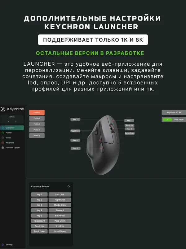 Игровая беспроводная мышь Keychron M7 BT/WL/USB-A/USB-C, 1K, 66 г, до 70 часов — фото 2 Игровая беспроводная мышь Keychron M7 BT/WL/USB-A/USB-C, 1K, 66 г, до 70 часов — фото 2