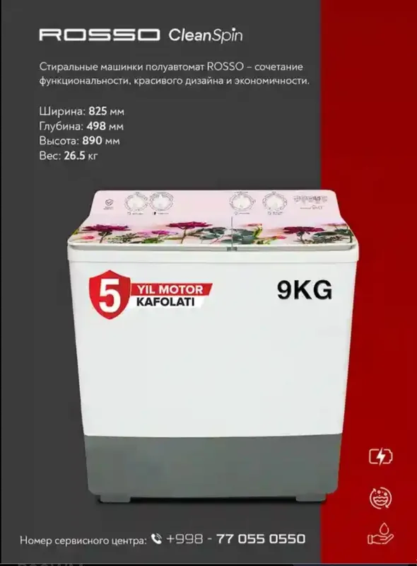 KAMI BOR Rosso yarim avtomat 9 kiloli kir yuvish mashinasi