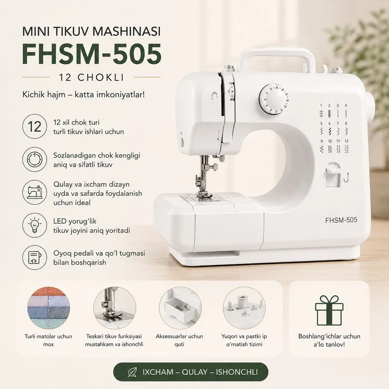 Mini tikuv mashinasi FHSM-505, 12 chokli, Oq