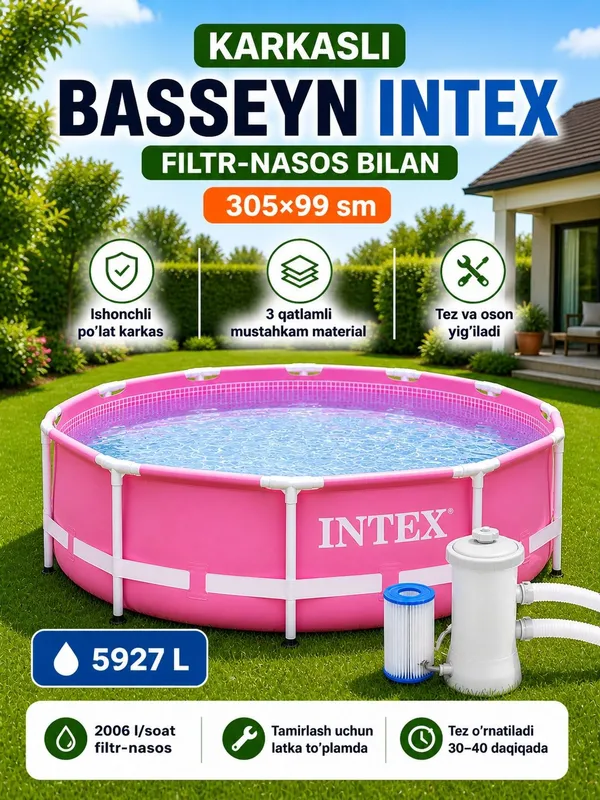 Intex karkasli basseyn 305×99 sm, filtr-nasos bilan (5927L)