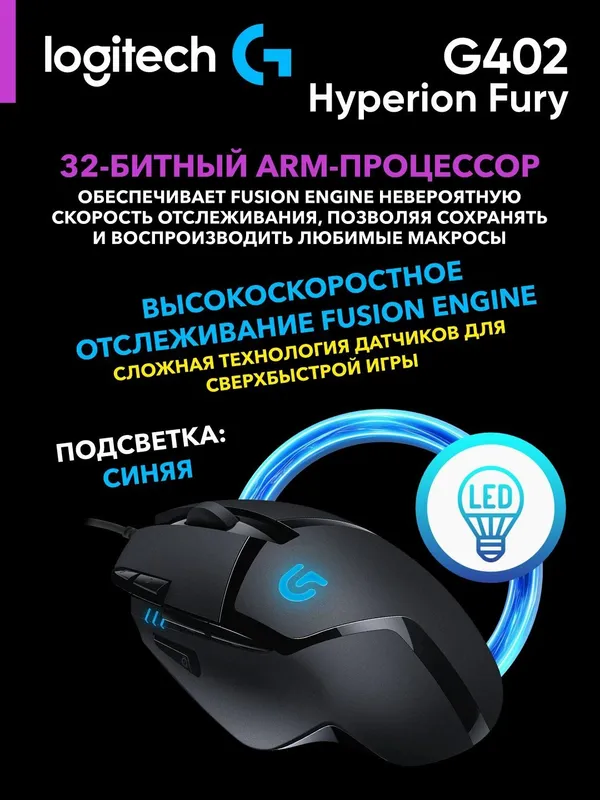Игровая проводная мышка Logitech G402 Hyperion Fury, 8 кнопок — фото 1
