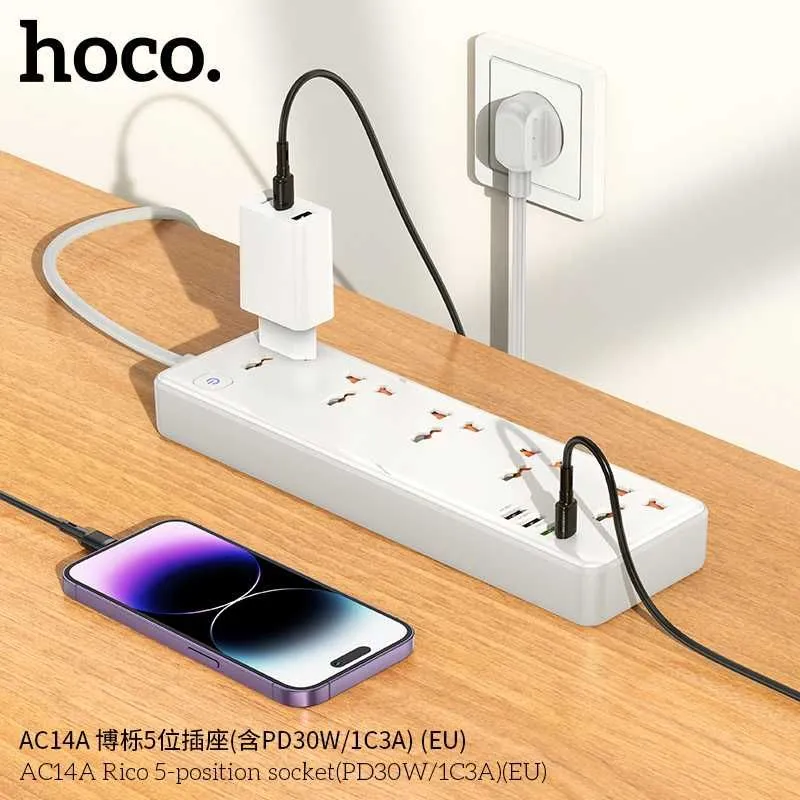 Hoco AC14A Rico Сетевой фильтр 5 розетками и USB-портами PD30W EU/GER — фото 2