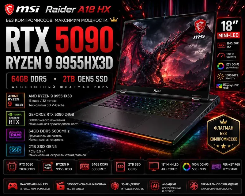 MSI Raider A18 HX/ Ryzen 9 X3D/64GB/2TB SSD/RTX5090 24GB/ 4K Mini-LED