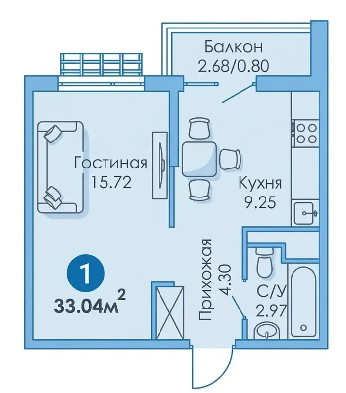1-комнатная квартира, 33,04 м², ЖК Greenvich, Мирабад — фото 1