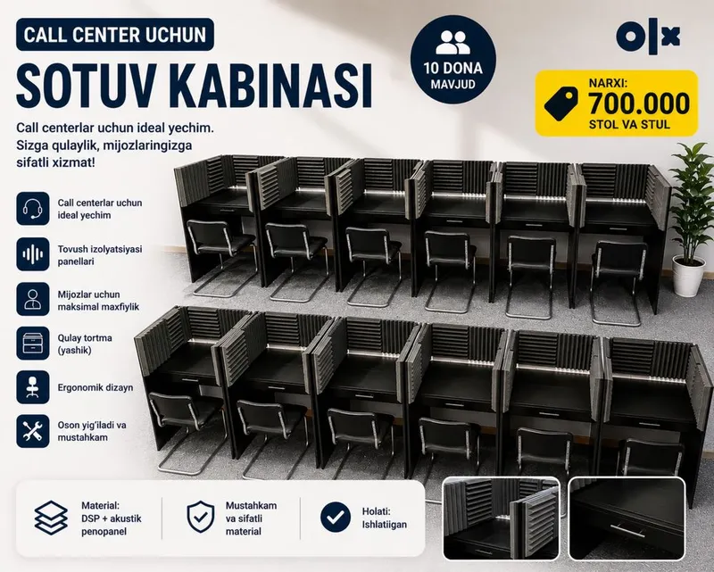 Call Center учун сотув кабиналари | Стол + стул | 10 дона мавжуд